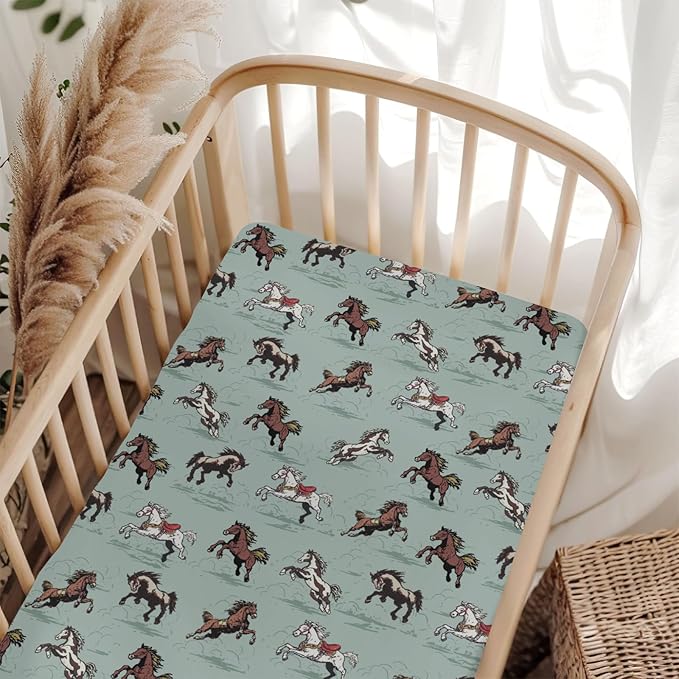 Vintage Wild Horses Baby Crib Sheets for Boy Girl 28"x52" Running Horse Soft Stretchy Fitted Crib Mattress Covers Wild Western Cowboy Animal Nursery Baby Sheet for Crib & Toddler Bed Mattress Green