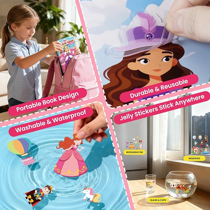 Princess Reusable Sticker Book for Toddlers, DIY Princess Accessories Fun Jelly Stickers, Washable Puffy Stickers for Kids Toys, Airplane Road Trip Travel Activities Essentials for Kids 3 4 5 Years