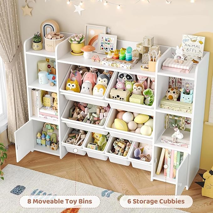 FOTOSOK 55''Large Toy Storage Organizer with 8 Toy Bins, Toy Organizers and Storage with Shelf and 6 Storage Cubbies, Bookshelf for Kids, Playroom Organization and Storage Bins, White