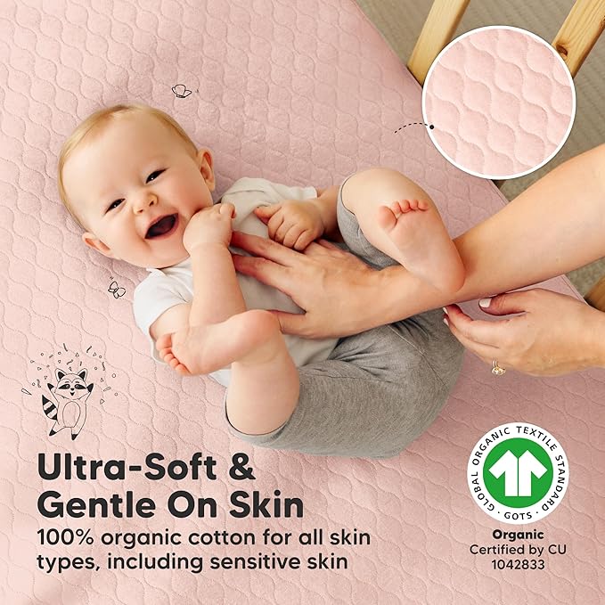 2-Pack Waterproof Crib Mattress Protector Cover Fitted - Quiet Baby Crib Mattress Pad Sheets, 52" x 28" Soft Quilted Cotton Baby Sheet, Machine Washable, Easy Fit, Durable (Mist Rose/Mavy)