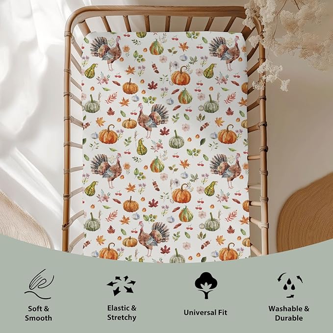 Thanksgiving Turkey Pumpkins Baby Crib Sheets for Boy Girl 52"x28" Vintage Autumn Leaves Soft Stretchy Fitted Crib Mattress Covers Fall Harvest Baby Sheet for Standard Crib and Toddler Bed Mattress