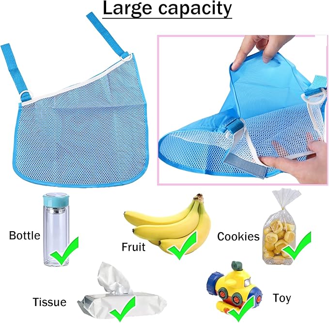2PCS Universal Side Sling Stroller Cargo Net,Portable Storage Mesh Bag,Stroller Storage Organizer Bag,Non-Slip and Adjustable Straps Side Sling Mesh Organizer(Blue)