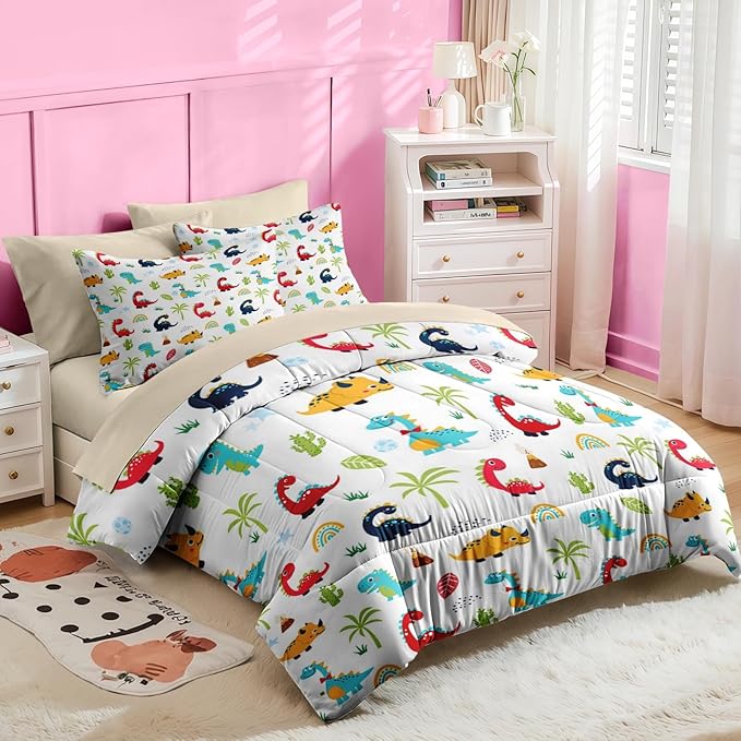 Nesker 4 Pcs Comforter Set Toddler Size, Cute Cartoon Dinosaur Bedding for Kids Teen, Colorful Dino Bed Sheet with Pillowcase & Sham