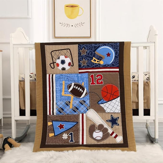 Wowelife Sports Crib Bedding Set for Boys, Premium 3-Piece Baby Bedding Set Brown Football Basketball Rugby Crib Bed Set Baseball Soft with Crib Comforter, Skirt and Sheet, Brown