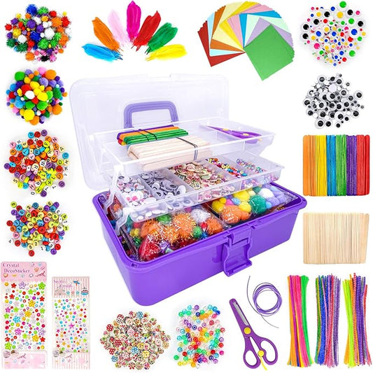 kortes Jumbo Art and Craft Supplies for Kids, Toddler DIY Craft Art Supply Set Included Pipe Cleaners, Pom Poms, Feather, Folding Storage Box - All in One for Craft DIY Art Supplies (Purple)