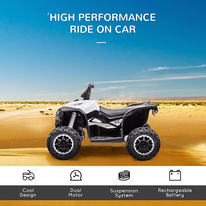 Aosom 12V Kids ATV Quad Car with Forward & Backward Function, Four Wheeler for Kids with Wear-Resistant Wheels, Music, Electric Ride-on ATV for Toddlers Ages 3+ Years Old, White