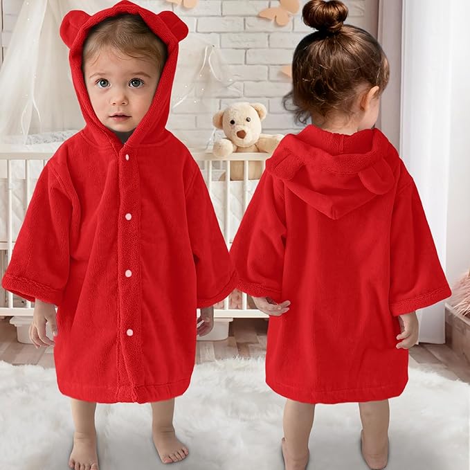 VOOVA & MOVAS Baby Hooded Towel with Bear Ear, 0-3Years | 100% Cotton, Ultra-Soft & Absorbent | Gentle for Sensitive Skin, Bath, Pool & Beach Towel | Newborn (Red)