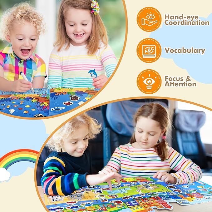 Reusable Jelly Sticker Books for Toddlers, 3D Waterproof Sticker Books, Travel Toys for Kids - Ocean Wrold, Vehicles