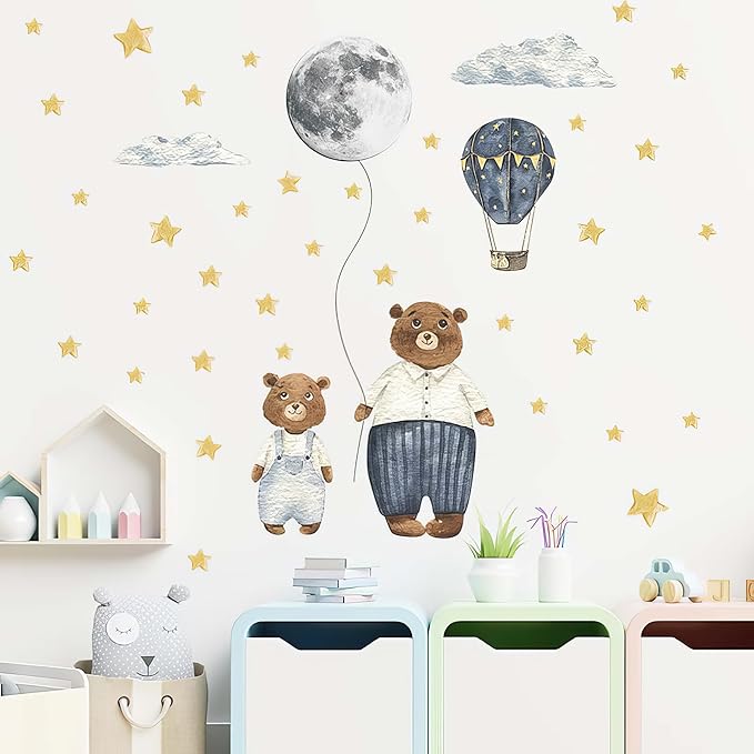 Ollaland Papa & Baby Bear Wall Decals - Peel and Stick Bears Hot Air Balloon Stars Moon Clouds Wall Stickers, Decor for Baby Nursery, Toddler & Kids Bedroom Walls (Bears)