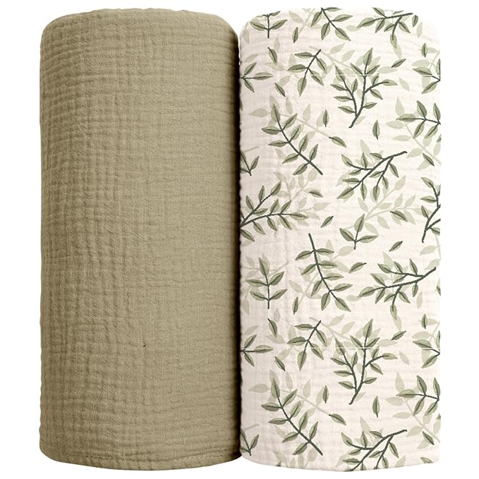 lulumoon Muslin Swaddle Blankets for Baby: Cotton & Soft Receiving Blanket for Newborn with Leaves Printed- Neutral Gift for Baby Shower 2pack(Olive Leaf)