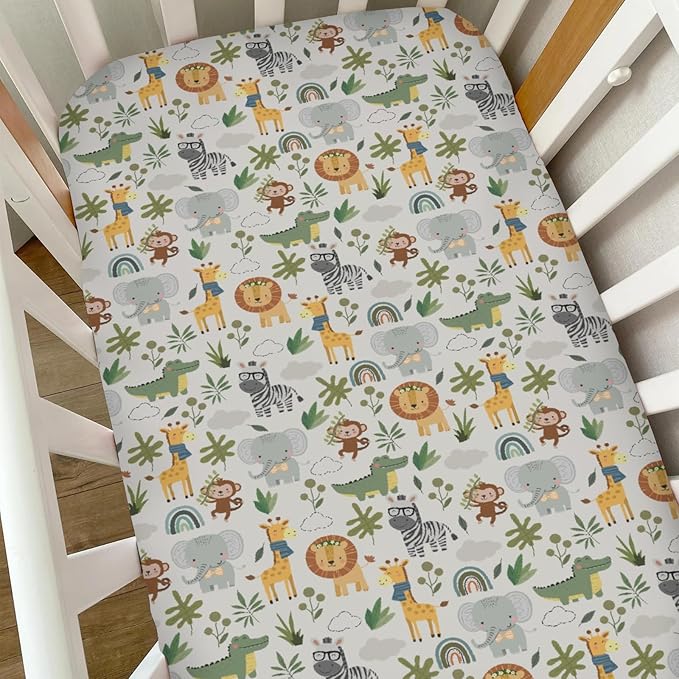 Jungle Safari Animals Baby Crib Sheets for Boy Girl Elephant Lion Zebra Giraffe Leaves Soft Snug Fitted Crib Mattress Covers for 52''x28'' Standard Crib & Toddler Mattress Pad Wild African Bed Sheets
