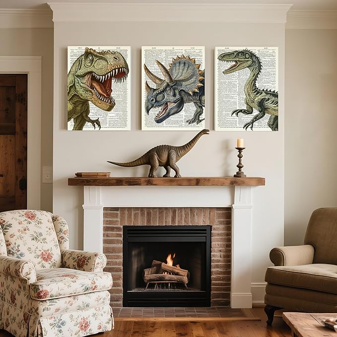 Ovczax 3 Pieces Dinosaur Canvas Wall Art - Tyrannosaurus Rex, Triceratops, Velociraptor Decor For Kids Room Game Room, Living Room, Bedroom 24" x 16"