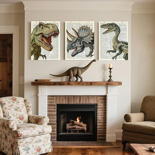 Ovczax 3 Pieces Dinosaur Canvas Wall Art - Tyrannosaurus Rex, Triceratops, Velociraptor Decor For Kids Room Game Room, Living Room, Bedroom 16" x 12"
