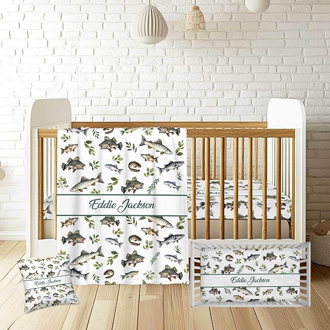 Personalized Fishing Theme Crib Bedding Set for Boys – Custom Name 3-Piece Nursery Bedding with Blanket, Fitted Crib Sheet & Pillowcase – Soft Baby Bedding for Newborn Infant Toddler