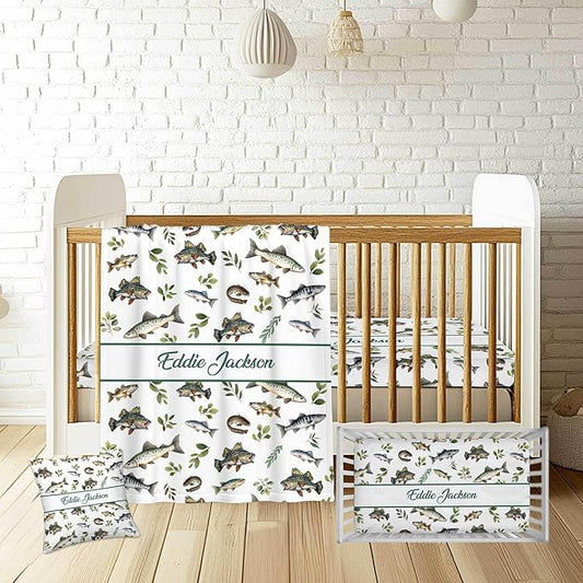 Personalized Fishing Theme Crib Bedding Set for Boys – Custom Name 3-Piece Nursery Bedding with Blanket, Fitted Crib Sheet & Pillowcase – Soft Baby Bedding for Newborn Infant Toddler