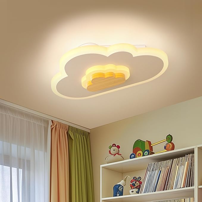LED Ceiling Light 26W Wood Cloud Cartoon Kids Ceiling Light 15.74in Kids Room Light fixtures Ceiling Mount 3000-6500K with nightlight Ceiling Lamps for bedrooms Girl Boy Nursery Toys Room