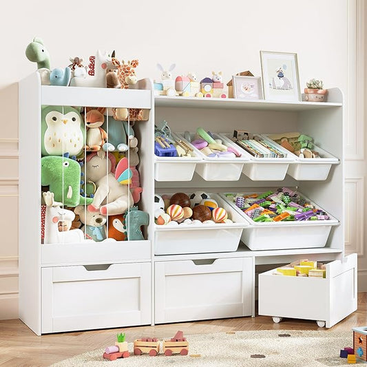 VortinT Kids Stuffed Animal Storage, 50.6" W x 41.3" H Large Toy Organizer Shelf with 6 Plastic Bins, 3 Rolling Drawers, Wooden Toddler Toy Organization Shelves for Play Room, Nursery(White)