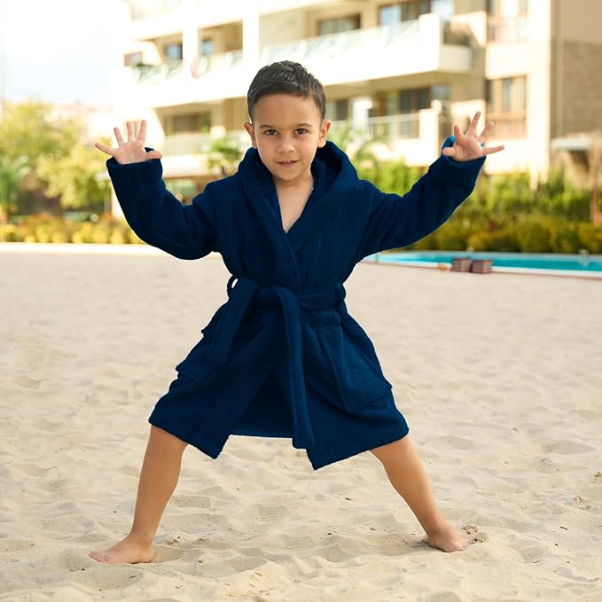 BAGNO MILANO Kids Organic Turkish Cotton Hooded Beach Cover-Up Towel, GOTS Certified, for Boys and Girls (Navy, 7-8 Years)