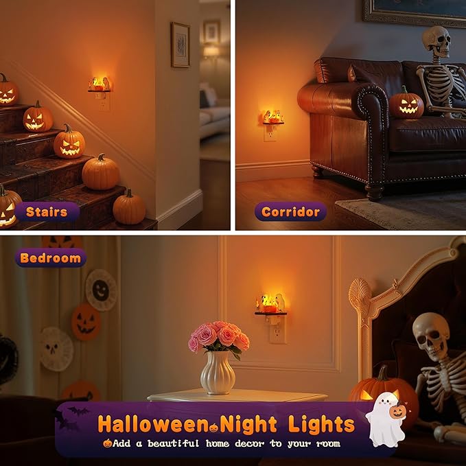 Halloween Night Light,Amber Night Lights Plug into Wall,Cute & Funny Flaming Jumping Night Light,Plug in Ghost & Pumpkin Nightlight with 360° Rotatable for Kids Halloween Party Decor, 2 Pack