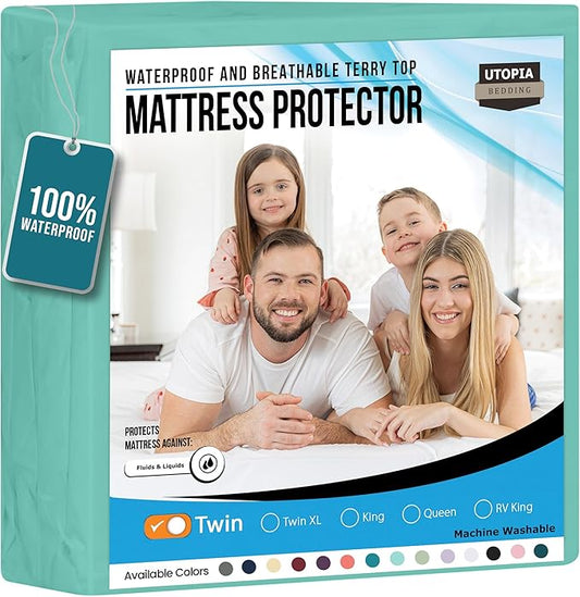 Utopia Bedding Waterproof Mattress Protector Twin Size, Premium 200 GSM Terry Mattress Cover, Soft & Breathable Bed Cover, Fitted Sheet Style with Stretchable Deep Pockets 15" (Spa Blue)