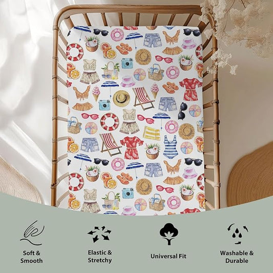 Watercolor Girl Beach Days Baby Crib Sheets for Boy Girl 52x28Inch Summer Seaside Soft Stretchy Fitted Crib Mattress Cover Beach Vacation Holiday Baby Sheet for Standard Crib & Toddler Mattress Pad