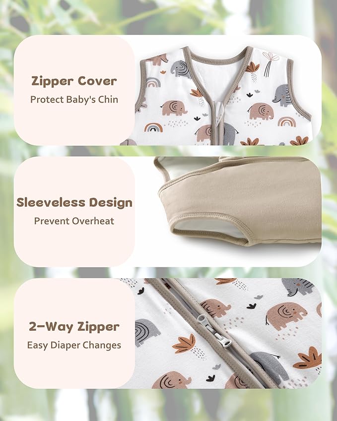 Rayon Made from Bamboo Baby Sleep Sack 0-6 Months, 1.0 Tog Baby Wearable Blanket, Soft Sleeping Bag for Newborn Infant Babies with 2-Way Zipper 2 Pack (Small) Grey Elephant
