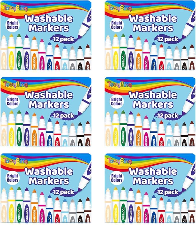 TooyBing Washable Markers Bulk (72 Count, 6 Box), 12 Assorted Colors, Washable Markers for Kids Classroom School, Broad Tip Durable for Back to Classroom Art School Supplies Essentials