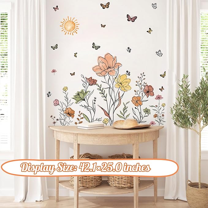 Boho Flower Wall Decals Watercolor Flower Plants Wall Stickers Wildflower Floral Walls Decals for Living Room Peel and Stick Modern Line Butterflies Art Murals for Girls Bedoom Office Home Decoration