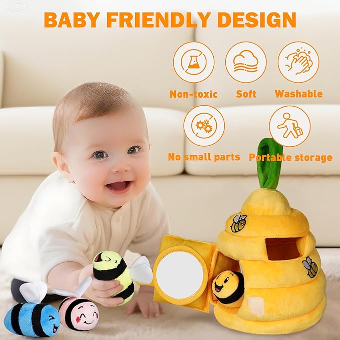 Baby Toys 6-12 Months, Plush Beehive with 4 Sensory Bees, Map Pad, Rattle, Crinkle Paper, Squeaker, Mirror, Montessori Toy for 6 7 8 9 10 11 12 Month Old, Infant Toys Christmas Birthday Gift