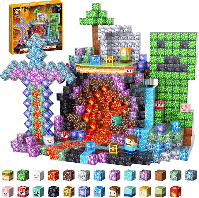 100 PCS 0.8 Inch Magnetic Blocks - Build Mine Magnet World Set, Magnets Building Toys for Kids Ages 3-5 6-8, Supplies Birthday Party Gifts for 3+ Year Old Boys Girls, STEM Sensory Toys for Toddlers