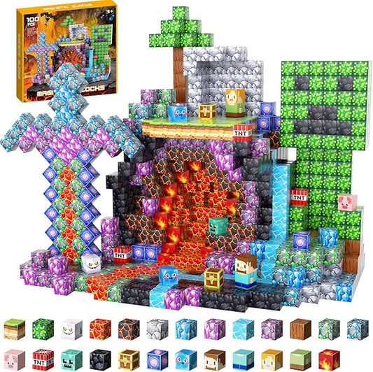 100 PCS 0.8 Inch Magnetic Blocks - Build Mine Magnet World Set, Magnets Building Toys for Kids Ages 3-5 6-8, Supplies Birthday Party Gifts for 3+ Year Old Boys Girls, STEM Sensory Toys for Toddlers