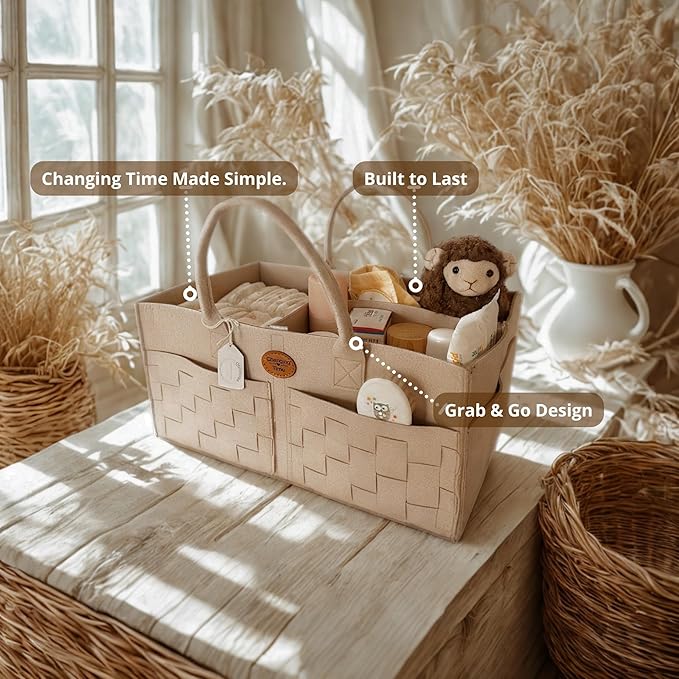 QGENUBA Baby Diaper Caddy Organizer for Nursery – Large Felt Storage Basket for Baby Essentials, Wipes & Diapers – Portable Nursery Organizer Bin for Changing Table or Living Room Beige