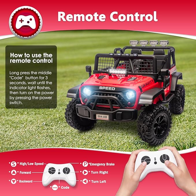 Sopbost 24V 7Ah 2 Seater Ride On Truck Ride On Toy for Big Kids Ride On Car with Remote Control Off-Road Electric Car with Shock Absorber, LED Lights, Bluetooth Music Player, EVA Tires, Red