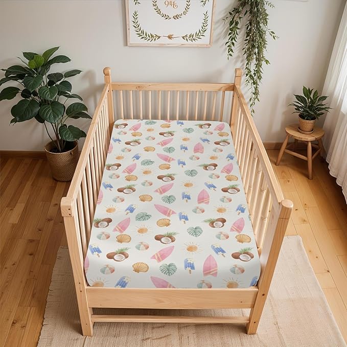 Neutral Summer Beach Baby Crib Sheets for Boy Girl 52x28Inch Surfboard Coconut Seashells Sun Balls Soft Snug Fitted Crib Mattress Cover Seaside Holiday Baby Sheet for Crib and Toddler Bed Mattress