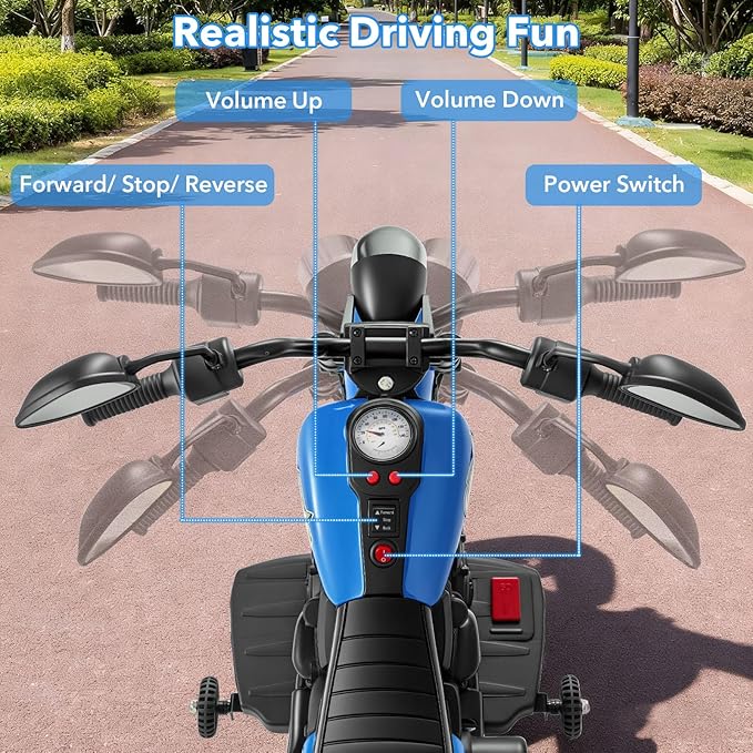 HONEY JOY Toddler Motorcycle, 6V Battery Powered Electric Motorcycle for Kids, Detachable Training Wheels, Music, Foot Pedal, Headlights, Forward/Backward, 3-Wheel Ride On Toy for Boys Girls (Blue)