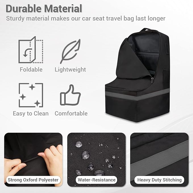ProFaster Car Seat Travel Bag - Padded, Comfortable, Durable, Roomy Gate Check Carseat Cover Backpack Fits 3-in-1，Convertible, Booster & Infant Car Seats for Airplane, Airport, Gray