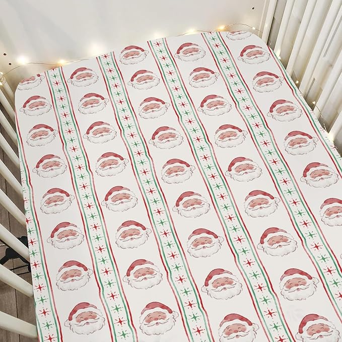 Red and Green Christmas Santa Baby Crib Sheets for Boy Girl 52"x28" Winter Santa Claus Stars Stripe Soft Snug Fitted Crib Mattress Cover Holiday Festive Baby Sheet for Standard Crib & Toddler Mattress