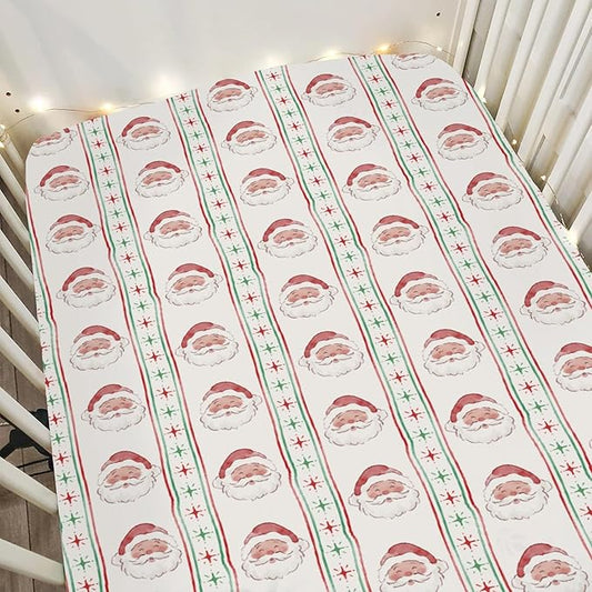 Red and Green Christmas Santa Baby Crib Sheets for Boy Girl 52"x28" Winter Santa Claus Stars Stripe Soft Snug Fitted Crib Mattress Cover Holiday Festive Baby Sheet for Standard Crib & Toddler Mattress