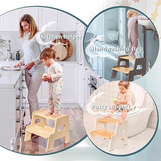 Toddler Step Stool for Kids - Height Adjustable Non-Slip Wooden Step Stool for Bathroom Sink, Kitchen & Potty Training 2-Step - Natural