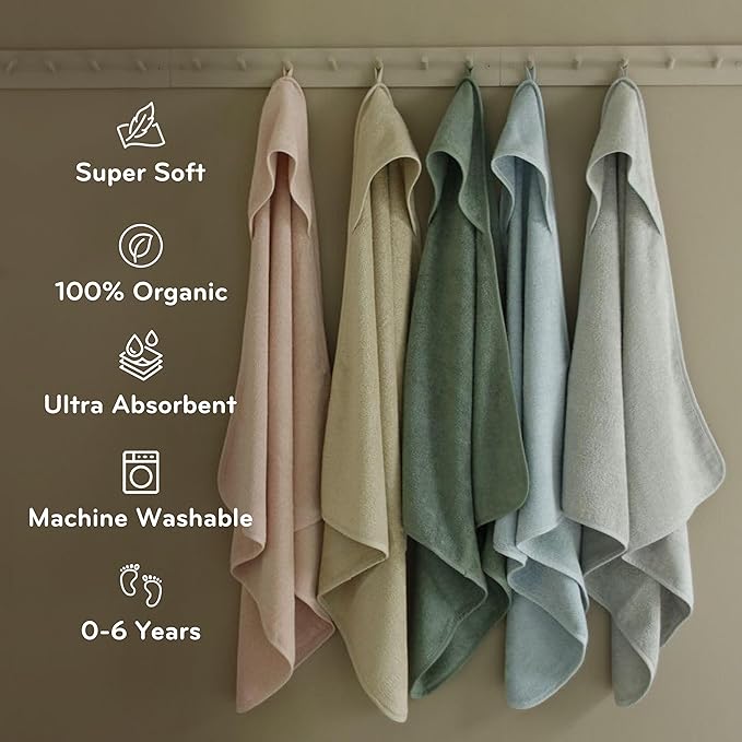 Baby Hooded Towel – Organic Cotton Baby Bath Towels, 32" x 32" Super-Soft and Absorbent Baby Towels for Newborn 2-Pack (Fog/Roman Green)