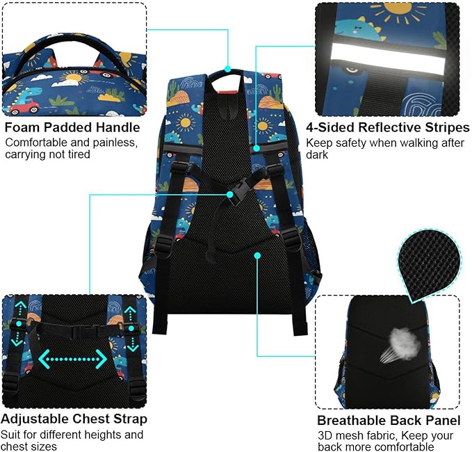 MNSRUU School Backpack with Chest Strap, Dinosaurs Cute Kids Pattern Laptop Backpack, Travel Hiking Backpack for Boys Girls, Rucksack, Knapsack