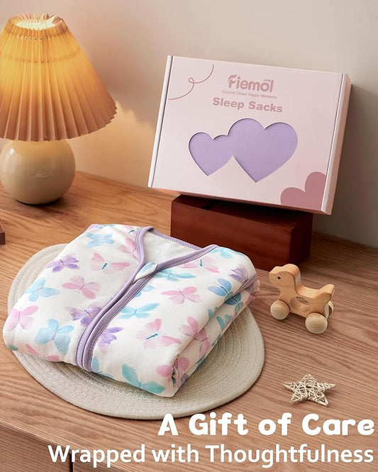 Rayon Made from Bamboo Baby Sleep Sack 6-12 Months, 1.0 Tog Baby Wearable Blanket, Soft Sleeping Bag for Newborn Infant Babies with 2-Way Zipper 2 Pack (Medium) Purple Butterfly