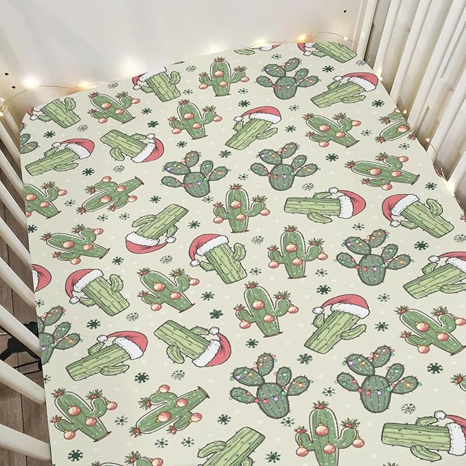 Christmas Cactus Santa Hat Baby Crib Sheets for Boy Girl 52x28Inch Green Cactus Balls Snowflakes Soft Snug Fitted Crib Mattress Cover West Desert Plant Baby Sheet for Standard Crib & Toddler Mattress