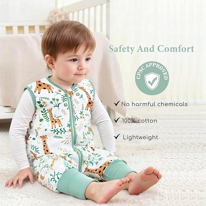 Toddler Sleep Sack with Feet 4-5 T, 1.0 TOG Cotton Baby Wearable Blanket with Legs, Sleep Bag Walker with 2-Way Zipper, Green + Giraffe