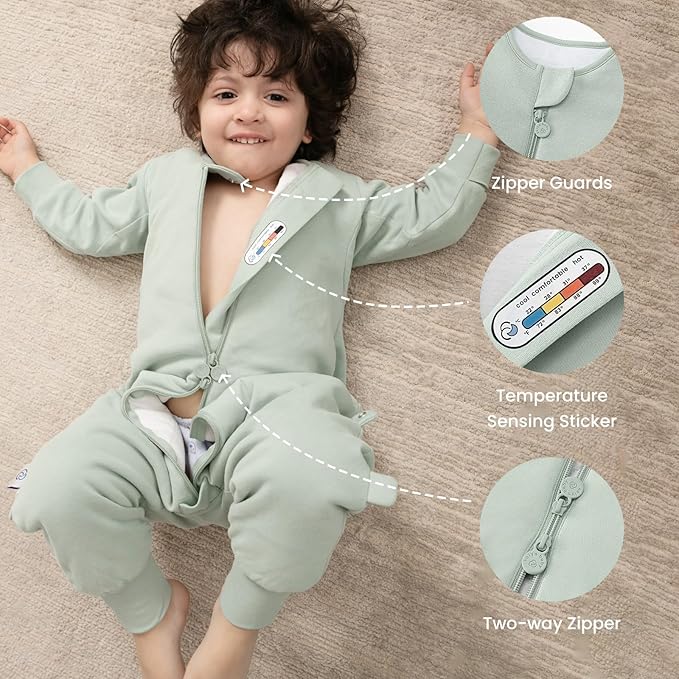 kaiya baby Unisex Toddler Sleep Sack with Feet 1.0 Tog Split Legs Sleep Sack 3T-4T, Sleep Bag Walker, Gifts for Boys & Girls, Pea Green