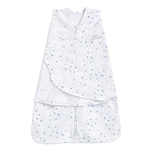 HALO 100% Cotton Sleepsack Swaddle, 3-Way Adjustable Wearable Blanket, TOG 1.5, Midnight Moons Blue, Newborn, 0-3 Months