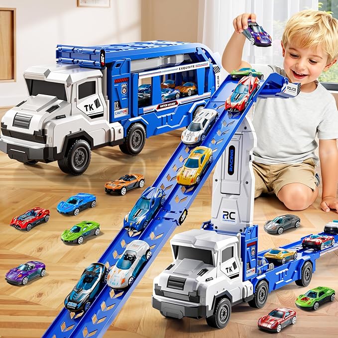 Toddler Car Truck Toys for 3 4 5 6 7 8 Years Old Boys, Transporter Truck Toy Track Set with 12 Die-Cast Car Toys, Toy Gifts for 3 4 5 6 Year Old Boys Kids