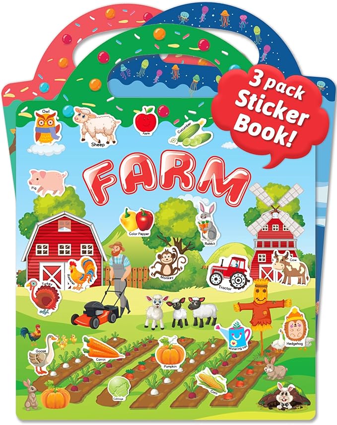 Benresive Reusable Sticker Books for Toddlers, 3 Sets Travel Stickers for Kids, Toddler Sticker Book, Crafts Activities for Toddlers, 3 and Up Birthday Gifts Travel Toys