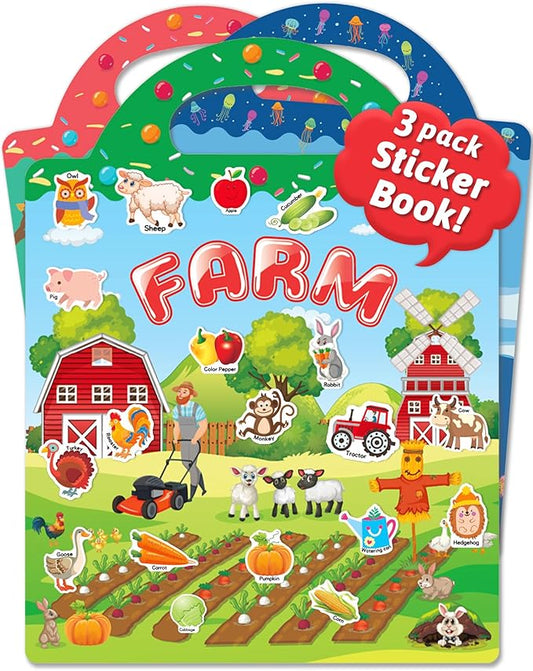Benresive Reusable Sticker Books for Toddlers, 3 Sets Travel Stickers for Kids, Toddler Sticker Book, Crafts Activities for Toddlers, 3 and Up Birthday Gifts Travel Toys