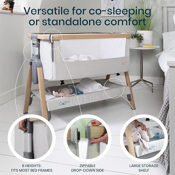 Tutti Bambini CoZee® 2-in-1 Baby Bassinet & Bedside Sleeper - Fast-Folding Bedside Bassinet, Baby Crib with 6 Mattress Heights & Breathable Mesh Window, Mattress Included, 0-6 Months (Silver & Oak)